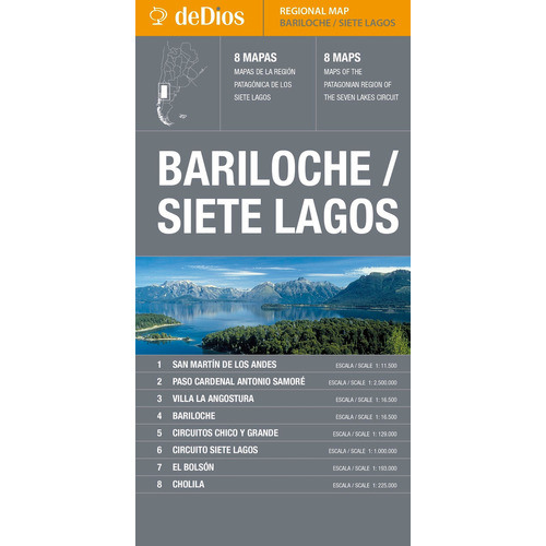 BARILOCHE / 7 LAGOS - REGIONAL MAP - SEGUNDA EDICION, de Julián de Dios. Editorial DeDios, tapa blanda en español/inglés, 2022
