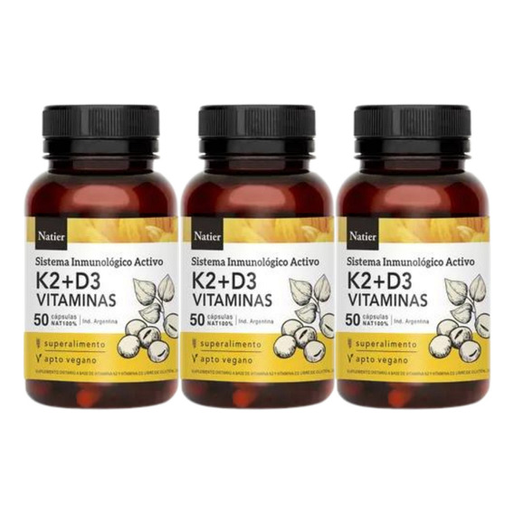 Natier Vitamina K2 D3 Huesos Y Dientes 50 Capsulas Sabor Neutro Pack X3