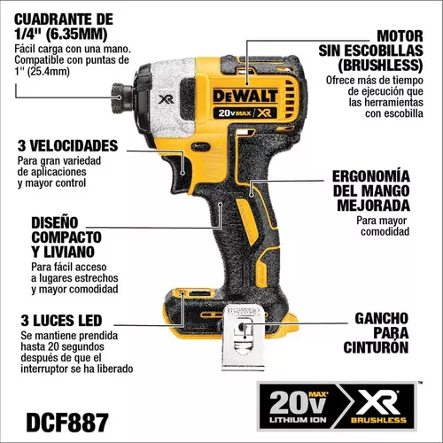 Atornillador de Impacto a Bateria DEWALT DCF887 hex.1/4 20V SIN BAT