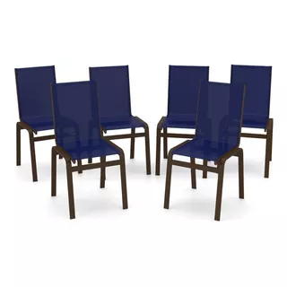 Kit 6 Cadeiras Jantar Gourmet Alumínio Marrom Tela Azul