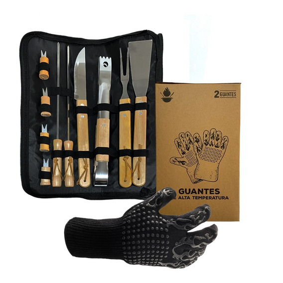 Pack Set Asado Parrilla 10 Uds + 2 Guantes Alta Temperatura 