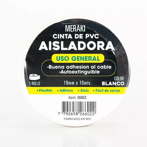 Cinta Aisladora Pvc Autoextinguible 19mm X 10mts Meraki Color Blanco Liso