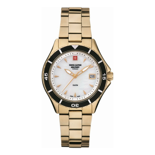 Reloj Swiss Alpine Military Nautilus Ladies 7740.1113sam Malla Dorado Bisel Negro Fondo Blanco