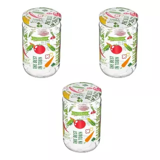 Kit 3 Potes Mantimentos Decorado Vegetais Em Vidro 660ml