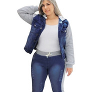 Jaqueta Jeans Com Moletom Plus Size Blusa Feminina Com Capuz