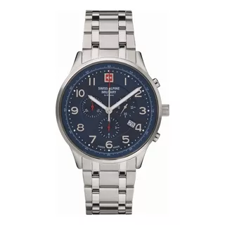 Reloj Swiss Alpine Military Skymaster Chrono 7084.9135sam Malla Plateado Bisel Plateado Fondo Azul