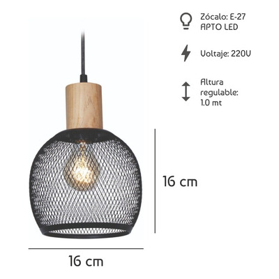 Colgante 1 Luz Osaka S Reja Madera Apto Led Deco Moderno