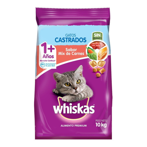 Alimento Whiskas Castrados 1+ para gato adulto sabor mix de carnes en bolsa de 10 kg