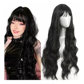 Peruca Wig Preta Longa 80cm Premium Franja Promoção