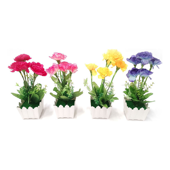 Planta Con 5 Flores De Claveles, Maceta De Plástico, Colores