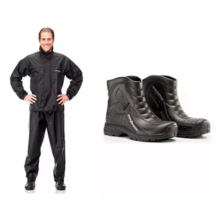 Capa De Chuva Motoqueiro Nylon + Bota Impermeável Pantaneiro