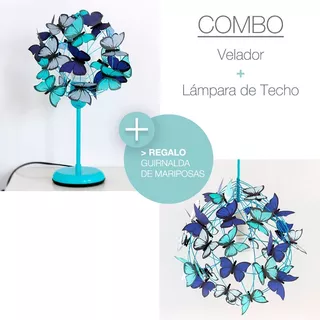 Velador Y Lampara De Techo Azul Mariposas En 3 Tonos Azul