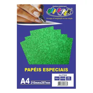 Papel Glitter Gliter A4 180g/m² 5 Folhas Off Paper Verde