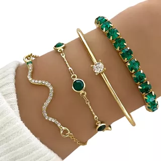 Conjunto De 4 Peças Pulseira Bracelete Feminina Verde