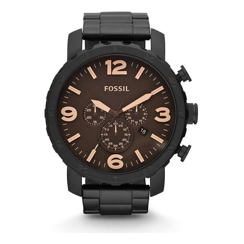 Reloj pulsera Fossil Nate con correa de acero inoxidable color negro - fondo marrón