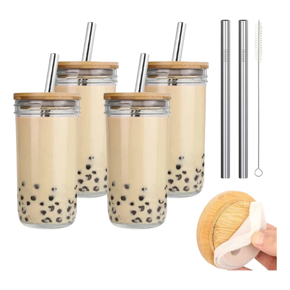 Vasos De Vidrio 4 Pack Tapa De Bambú Tapioca Popote 650 Ml