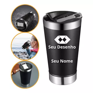 Copo Térmico 473ml Personalizado Nome Desenho C/ Tampa Cor Preto Liso