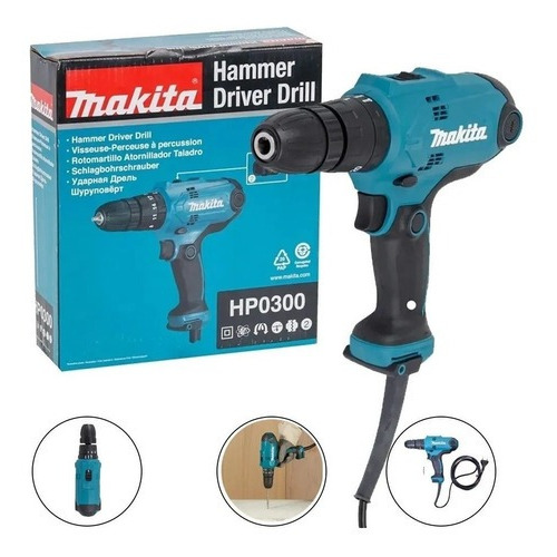 Taladro percutor atornillador eléctrico de 10mm Makita HP0300 320W con caja de cartón 50Hzx60Hz