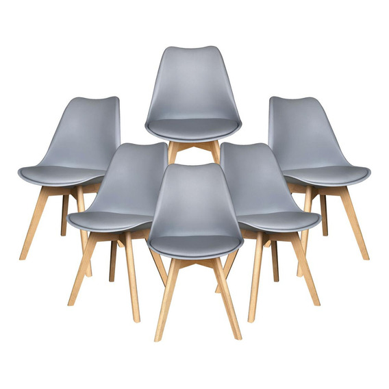 Set 6 Sillas Eames Acolchadas Silla Comedor Patas De Madera Color De La Estructura De La Silla Beige Color Del Asiento Gris