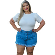 Short Jeans Desfiado Plus Size Feminino Curto Lycra Botões