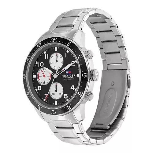 Reloj pulsera Tommy Hilfiger 1791950 de cuerpo color plateado, analógico,  para hombre, fondo negro, con correa de acero inoxidable color plateado,  bisel color negro y desplegable | MercadoLibre