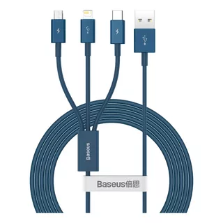 Cabo Baseus 3 In 1 Lightning + Tipo-c + Micro-usb 1.5m 3.5a Cor Azul