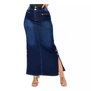 Saia Longa Jeans Com Elastano E Abertura Lateral Tendência