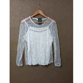 Blusa Tule Estrelas Manga Longa + Regata Com Pedraria Forro