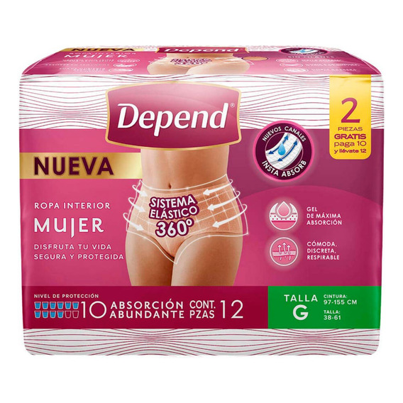 Depend Ropa Interior Mujer Para Incontinencia, Grande, 12 Pz Talla Grande