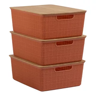 Kit 3 Caixas Organizadoras Com Tampa De Bambu 12l Terracota