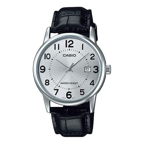 Reloj pulsera Casio MTP-V002 con correa de cuero color negro - fondo plateado