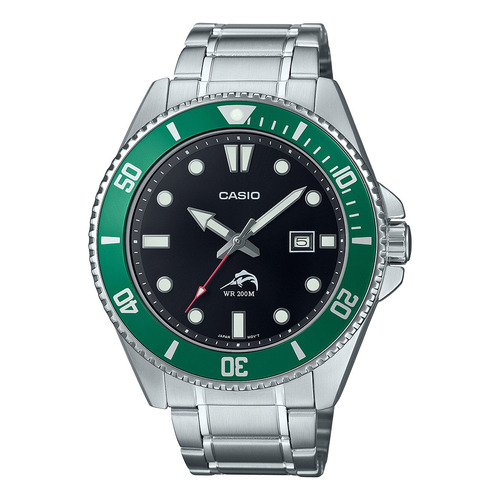 Reloj Casio Análogo Acero Inox Mdv-106dd-1a3vcf Correa Plateado Bisel Verde Oscuro Fondo Negro