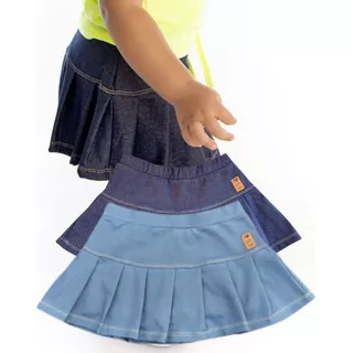 Kit 2 Shorts Saia Imita Jeans Menina Infantil Azul 01-10anos