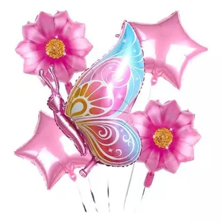 Kit Balão Metalizado Borboleta Flor Estrela Festa Decoração Cor Rosa