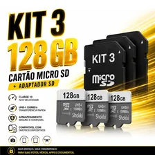 Kit 3 Cartões Micro SD 128GB Classe 10 om Adaptador SD Alta Velocidade UHS-I Para Celular Câmera Drone Tablet Câmera De Segurança Gravação Full HD Armazenamento Seguro - Shokki