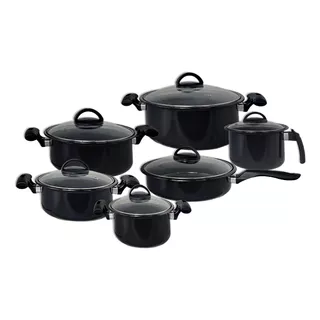 Jogo 6 Panela Cerâmica Tampa Vidro Indução Cooktop Lenha Gas Cor Preto