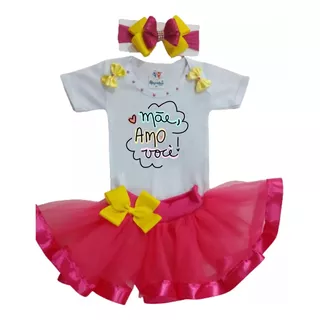 Roupa Para Bebê Menina Mesversário Body Infantil Saia E Laço