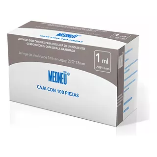 Jeringa 1ml Insulina 100 Pz Medneu 27g 13mm Capacidad En Volumen 1 Ml