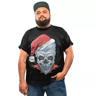 Camiseta Plus Size Caveira Papai Noel Bad Natal Skull Rock