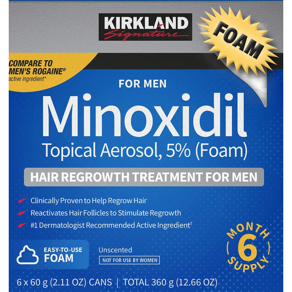 Kirkland Minoxidil 5% Espuma Foam Tratamiento Regenerador Capilar Rapida Absorción, Tratamiento Para Hombres. Suministro Para 6 Meses. Caducidad Amplia, Máxima Calidad Y Originalidad.