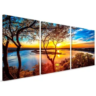 Quadro Painel Moderno Arvore Paisagem Por Do Sol Mar 120x60 Cor Dourado Cor Da Armação Marrom-claro