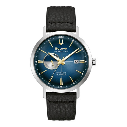 Reloj Bulova Aerojet Automático Original Hombre E-watch Color De La Correa Negro Color Del Bisel Plateado Color Del Fondo Azul