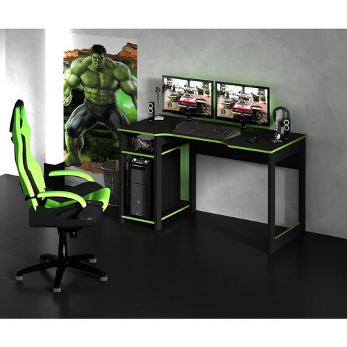 Mesa Destiny Gamer ideal para 3 monitores, color negro y verde