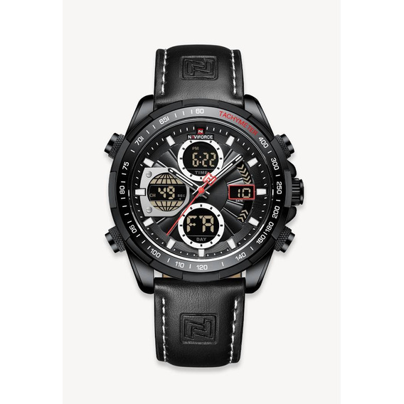 Reloj de pulsera Naviforce NF9197L de cuerpo color negro, analógico-digital, para hombre, fondo negro, con correa de cuero color negro, agujas color negro, blanco y rojo, dial blanco y plateado y beig