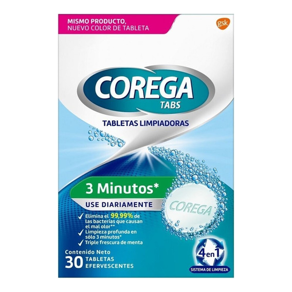 Corega Limpiador Tabletas Ferv. 3 Minutos 30 Unidades