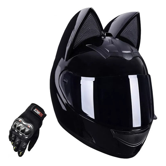 Casco De Moto Con Orejas De Gato For Mujer Y Guantes De Moto