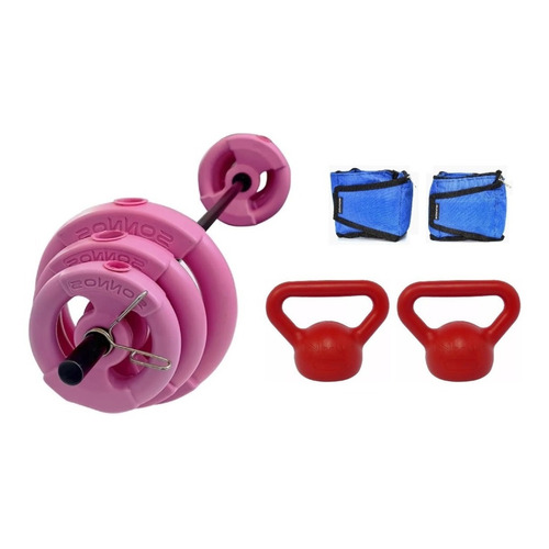 Kit 17 Kg Discos Con Manijas + Tobilleras 1 Kg + Pesas Rusas Color Rosa