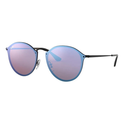 Anteojos de sol Ray-Ban Round Blaze Standard con marco de metal color polished black, lente violet/blue de plástico espejada, varilla polished black de metal - RB3574N