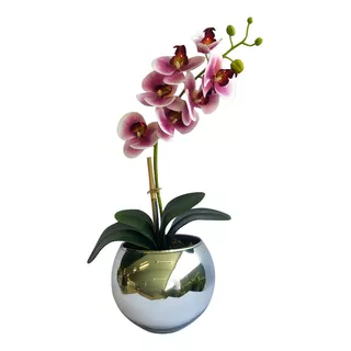 Arranjo De Orquídea Artificial Rosa No Vaso Prateado Médio