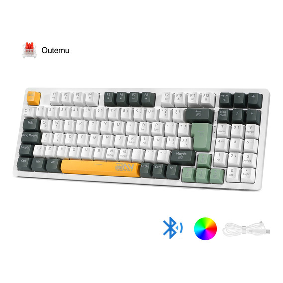 TERPORT Teclado Mecánico Inalambrico Español 90% TR95 Bosque RGB, Bluetooth+usb+cable, Outemu Red Switch Hotswap, 95 Teclas Antighosting, Teclado Inalámbrico Recargable Para Juegos&Oficina